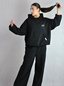 Conjunto deportivo de estilo urbano para mujer, sudadera con capucha asimétrica, pantalones deportivos de pierna ancha, corte holgado, estilo informal, conjunto a juego. - Product Image 3
