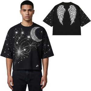 T-shirts personnalisés pour hommes avec strass, luxe, coupe oversize, motif ailes d'ange et diamants noirs, style streetwear hip-hop, tissu épais - Product Image 1