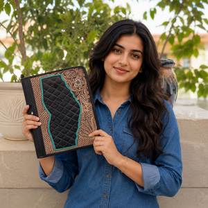 Cowhide Hand Tooled Zipper Lock Business Portfolio Binder Multifunction Traditional Vintage <b>Document</b> <b>Folder</b> With Card Holder - Product Image 3