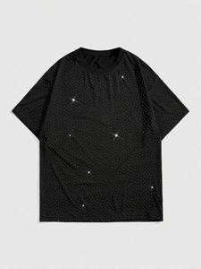 เสื้อยืดโอเวอร์ไซส์สีดำประดับคริสตัลวิบวับ สไตล์ฮิปฮอป สตรีทแวร์ สำหรับผู้ชาย - Product Image 3