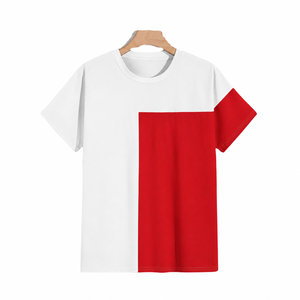 T-shirt décontracté tricoté à manches courtes pour homme, col rond, color-block rouge et blanc, coupe classique, logo avant, écoresponsable - Product Image 1
