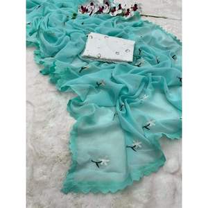 SAREE DE TRAVAIL DE FIL DE GEORGETTE À LA MODE AVEC CHEMISIER NON COUDU CIEL - Product Image 1