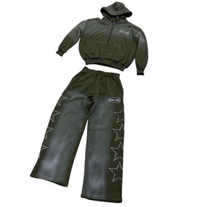 Survêtement homme 2026 en molleton 100% coton avec strass, coupe évasée, logo personnalisé, fermeture éclair, pantalon baggy délavé à l'acide - Product Image 2