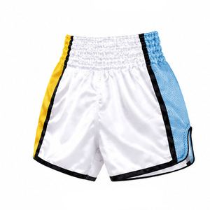 <b>Men's</b> High Waist Elastic Closure Lightweight Front Logo Muay Thai Boxing <b>Shorts</b> White <b>Yellow</b> Blue Side Stripe Satin Breathable - Product Image 1