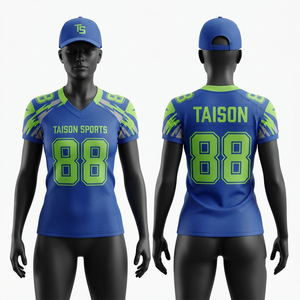 เสื้อฟุตบอลอเมริกันหญิง พรีเมียม 140 GSM ผ้าโพลีเอสเตอร์ตาข่าย สีน้ำเงิน-เขียวมะนาว พิมพ์ลายแบบซับลิเมชั่น โลโก้และหมายเลขสั่งทำได้ คอวี ชุดทีม - Product Image 1