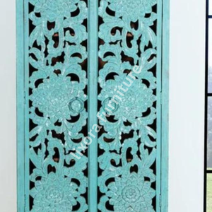 Luxury Handcrafted Solid Wood 2 Door <b>Wardrobe</b> Ornate Floral Carving Antique Turquoise Teal Finish - Product Image 3