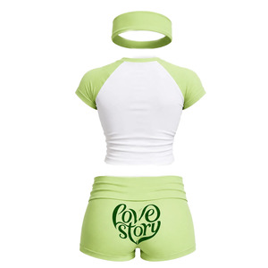 Custom Design Premium Green Colour Women 2 Piece Short Set Color Block <b>Raglan</b> Crop <b>Top</b> Foldover Waist Tracksuit Lounge Outfit - Product Image 6