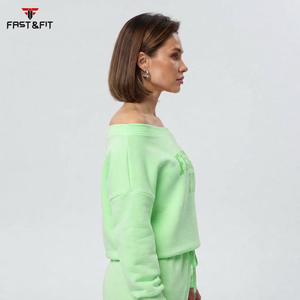 Polyester Cotton Knitted Fabric High Quality Printed Autumn Oversized <b>Sweatshirt</b> Streetwear Slash Neck <b>off</b> <b>Shoulder</b> Front Logo - Product Image 6