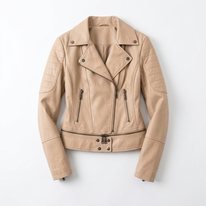 Veste en cuir véritable de style moderne pour femmes avec détails matelassés aux épaules, doublure lisse et fermeture éclair - Product Image 2