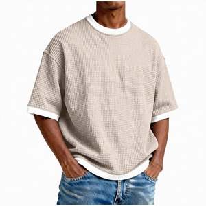 Camiseta Corta para Hombre al por Mayor OEM, Corte Cuadrado Regular, Hombro Caído, Manga Corta, Peso Medio, Cuello Redondo, Tejido Waffle Básico, 100% Algodón - Product Image 5