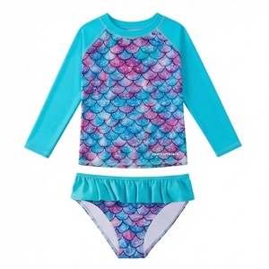 Girls Mermaid Scale Print 2 Piece Swim <b>Set</b> With Ruffles And Long Sleeve Top Anti-Uv Protection - Product Image 1