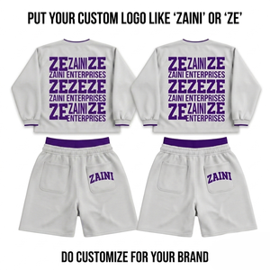 Sudadera con Capucha y Pantalones Cortos de Felpa de Poliéster/Algodón Premium de 340 GSM, Transpirable, Color Blanco y Morado, con Logotipo Personalizado Estampado para Hombre - Product Image 1