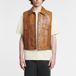 Men's Brown Snake Print Leather Vest <b>Turn</b>-down Collar Single Breasted Pockets Casual Outer Wear Summer Regular Fit - Product Image 1