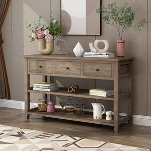 Consolle grigia con 3 cassetti e 2 ripiani aperti, gambe in legno di pino e rovere, per ingresso appartamento, mobile da divano per l'arredamento della casa - Product Image 6