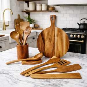 Ensemble d'ustensiles de cuisine en bois d'acacia 7 pièces avec support et planche à charcuterie - Product Image 2
