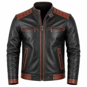 Chaqueta de Motociclista de Cuero Genuino Negro para Hombre, Cuello Alto, Cierre de Cremallera, Estilo Biker, con Bloques de Color - Product Image 1