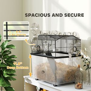Gabbia per l'allevamento di criceti a 2 livelli con vassoio profondo 30 cm, sistema a tubi, borraccia, rampa, ciotola per l'alimentazione, 58x43x56 cm, Nera - Product Image 5