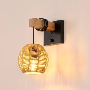 Lámpara de pared de ratán tejida a mano para decoración de sala de estar y dormitorio, aplique de pared de mimbre natural con soporte E27, luz interior de estilo bohemio - Product Image 6