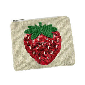 Strawberry <b>Beaded</b> Zipper <b>Large</b> Storage Pouch Fruit Sequin Clutch Summer Purse Multicolor Handmade Eco-Friendly Unisex Gift - Product Image 1