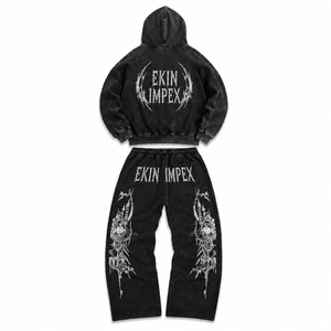 ชุดเซ็ตฮู้ดดี้สีดำสำหรับผู้ชาย EKIN IMPEX สไตล์สตรีทแวร์โอเวอร์ไซส์ กางเกงจ็อกเกอร์ผ้าฟลีซพิมพ์ลาย สไตล์ฤดูใบไม้ร่วง - Product Image 2