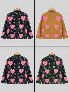 Manteau bomber matelassé réversible pour femme en velours d'hiver, broderie à motif cœur peinte à la main, extérieur en coton, doublure en polyester. - Product Image 6