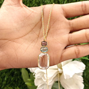 Hip hop necklace amethyst swiss blue crystal quartz triple gemstone pendant necklace 18k gold plated bezel set jewelry necklaces - Product Image 6
