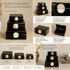 Coffret de rangement pour bijoux en verre noir avec poignée en agate naturelle, bordure plaquée or, finition haute brillance, organisateur décoratif pour souvenirs - Product Image 6