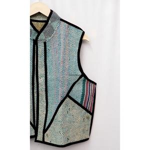 Gilet en tricot tissé imprimé à rayures et patchwork, col mandarin, style utilitaire, 100 % coton, pour l'hiver et l'automne, avec bordure contrastante, ouvert - Product Image 5