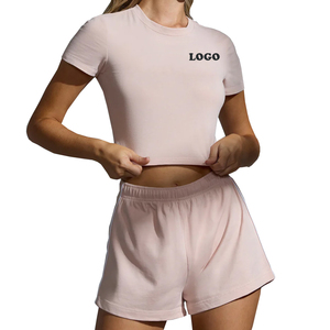 Women 2 Piece Knitted Shorts <b>Set</b> Pink Crew Neck Short Sleeve Casual Sportswear Above Knee Length Solid Color Breathable <b>Twin</b> <b>Set</b> - Product Image 1