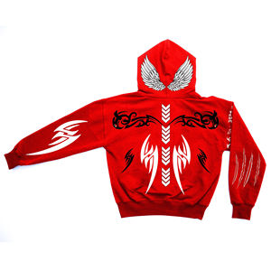 Sudadera con capucha roja para hombre con estampado gráfico personalizado de alas, estilo streetwear oversize; Sudadera con capucha personalizada para hombre con estampado de ancla y bolsillo canguro con tachuelas. - Product Image 1