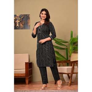 Salwar Kameez ethnique en coton noir à imprimé floral pour femme, manches trois quarts, longueur mollet, pantalon droit long, Kurta, pour fête et mariage - Product Image 4