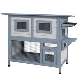 Casetta per Gatti in Legno Classica a 2 Piani Grigio Chiaro, Rifugio Rettangolare per Gatti da Interno con Punti di Accesso Multipli, Design Resistente alle Intemperie - Product Image 1