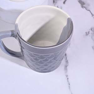 Clouded Grey Etched Scale Glazed Ceramic <b>Mug</b> Set of 4 <b>Large</b> Capacity Microwave Safe with Saucers - Product Image 3