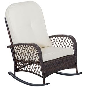 Sedia a dondolo da esterno in vimini bianco crema con seduta ampia e cuscino spesso in poliestere, pieghevole per patio - Product Image 1