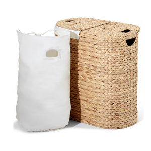 Handwoven Double Oval Water Hyacinth Laundry Hamper <b>With</b> <b>Lid</b>, 2-Compartment <b>Basket</b> <b>With</b> Cotton Liner For Bathroom, Vietnam Craft - Product Image 3