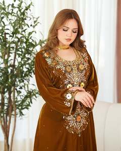 Awais House Women's Brown Polyester Floor Length Abaya Beaded Embroidery V Neck Long Sleeve <b>Plus</b> <b>Size</b> Elegant Solid Pattern - Product Image 2