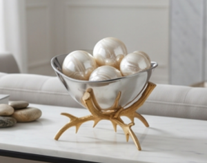 Bol élégant en argent métallisé de qualité supérieure avec base en bois doré, plat décoratif rétro pour l'intérieur de la maison, accent élégant pour la maison - Product Image 5