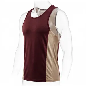 AMKOOR ENTERPRISES Débardeur de sport respirant pour homme, col rond, tricoté, 100 % polyester – Gilet de gym en maille bordeaux foncé et beige sable - Product Image 3