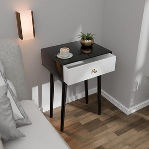 Mesita de noche moderna con patas de madera maciza, mesa auxiliar minimalista y práctica con cajón de almacenamiento, fácil montaje - Product Image 1