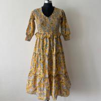 Robe longue maxi sans manches pour femme, 100% coton tissé, imprimé artisanal, col en V vintage, style bohème floral à volants, été automne, naturel