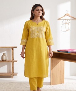 TRENDING TESLA SILK EMBROIDERY WORK CO-ORD <b>SET</b> DAILY WEAR WHOLESALE PRICE ETHNIC GARMENT YELLOW - Product Image 1