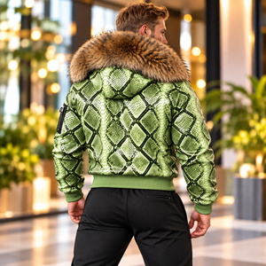 <b>Men's</b> Python Skin Leather Winter <b>Bomber</b> with Fur Hood High Fashion Moto Outerwear | Herren Lederjacke | Chaqueta Hombre Cureo - Product Image 6