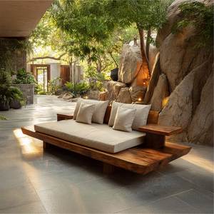 Suar Slab <b>Wood</b> <b>Sofa</b> Bed Minimalist Outdoor Courtyard Furniture Solid <b>Wood</b> <b>Frame</b> Fabric Cushion Armless Design - Product Image 1