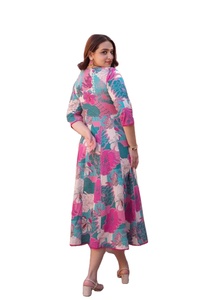 Women's Summer Maxi Dress Muslin Fabric Round Neck No Collar Washable Floral Print Color <b>Three</b>-Quarter Sleeves Loose Fit - Product Image 3