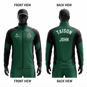 Men Baseball Training Jacket Premium Polyester Interlock 280 GSM <b>Green</b> <b>Black</b> Panel Full Zip Custom Embroidery Heat Transfer - Product Image 1