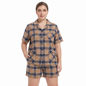 Ensemble pyjama court à manches longues en flanelle à carreaux pour femme, chemises de nuit en flanelle à carreaux, ensemble de pyjama court pour femme - Product Image 2