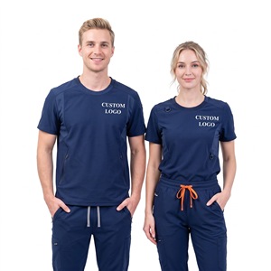 Conjunto de Uniformes Médicos Azul Marino, Top de Manga Corta y Pantalones con Cordón Ajustable, para Hospital, Salón de Belleza, Consultorio Dental y Trabajo - Product Image 1