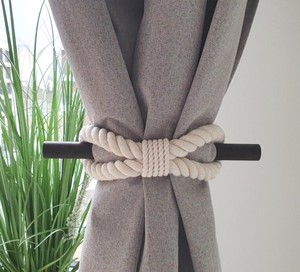 White Cotton Rope Curtain <b>Tieback</b> with Wenge Wood Pin – Rustic Boho Farmhouse Decor - Product Image 1