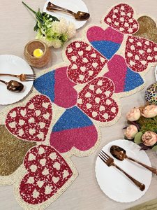 Camino de Mesa de Tela Hecho a Mano con Forma de Corazón, Estilo Bohemio, Rojo, Rosa y Azul, Diseño Bordado, Tapete Decorativo - Product Image 3