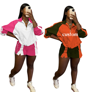 Conjunto de 2 Piezas para Mujer, Color Block, Shorts y Top con Cierre, Corte Holgado, Cuello Camisero, Ropa Casual de Primavera/Verano - Product Image 4